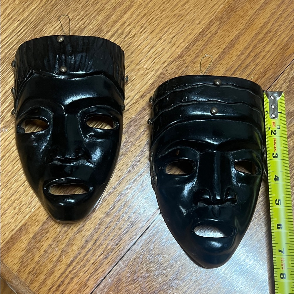 2 Black Wooden Tribal Masks with brass tac accents